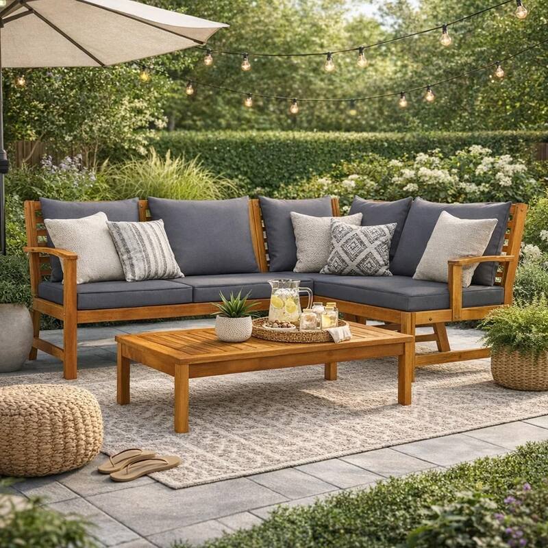 Roma 4pc Patio Sofa Set with Coffee Table, Gray Cushions, Acacia Wood