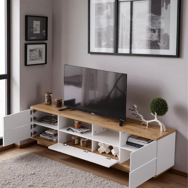 Modern 80 Inch TV Stand with Storage, Media Entertainment Console with Door Rebound Device and 8 Compartments