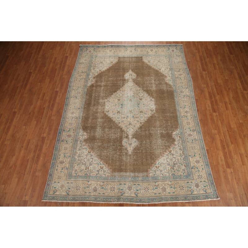 Hand Knotted Oriental 100% Wool Carpet Traditional Medallion Brown Tabriz Area Rug - 10' 11'' X 7' 9''
