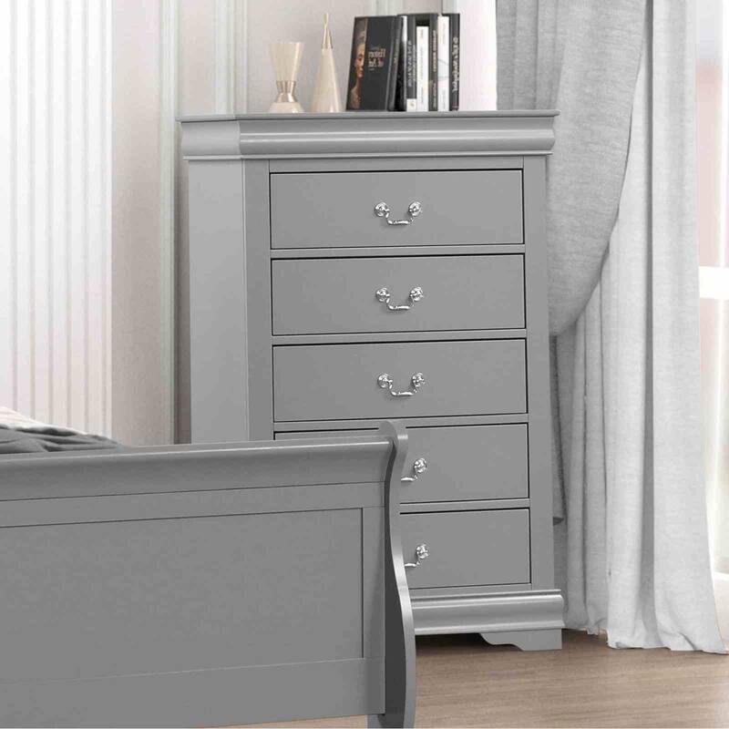 Sleigh Design Gray Finish Transitional Bedroom Set Bed Nightstand Dresser Mirror Chest