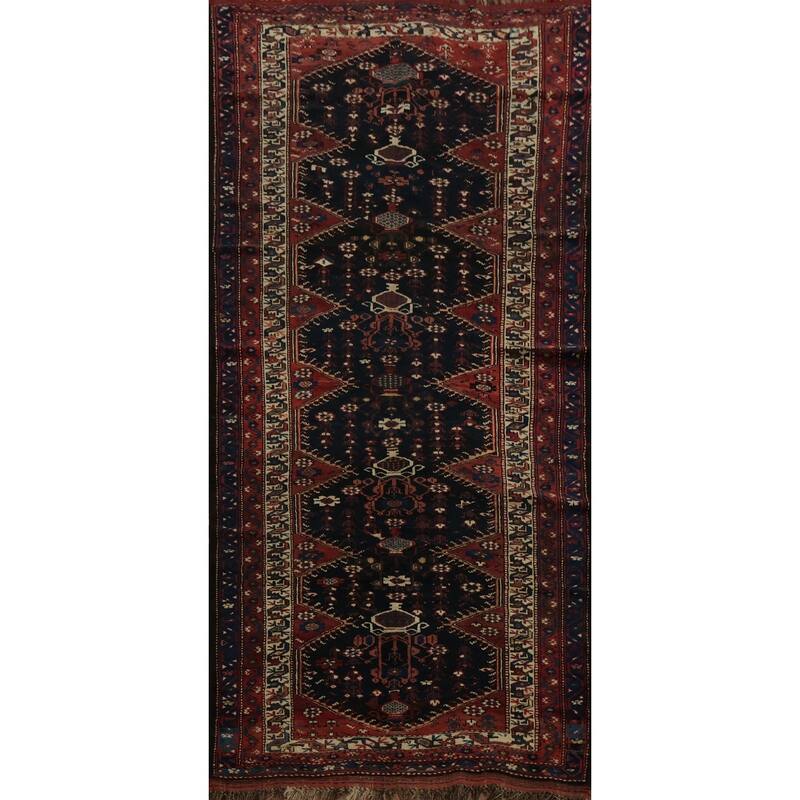 Hand Knotted Oriental 100% Wool Carpet Traditional Tribal Navy Blue & Blues Qashqai Area Rug - 9' 7'' X 4' 6''