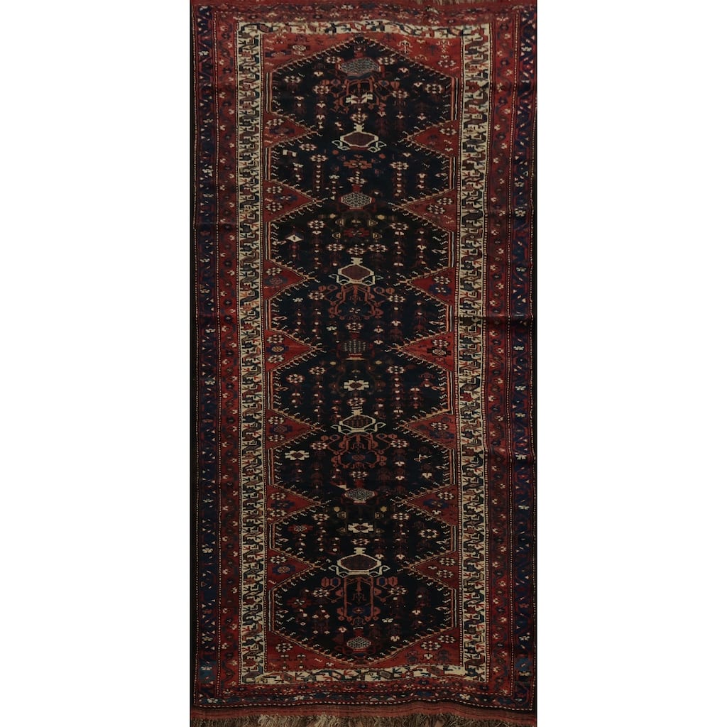 Hand Knotted Oriental 100% Wool Carpet Traditional Tribal Navy Blue & Blues Qashqai Area Rug - 9' 7'' X 4' 6''