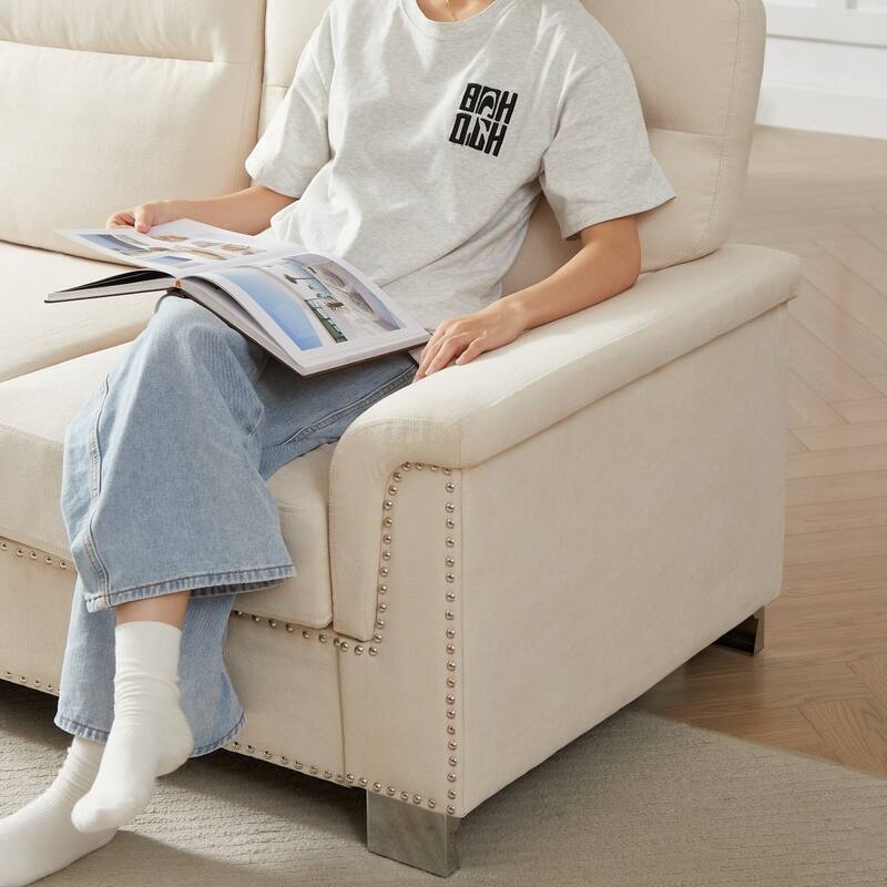 84.2" Modern Snowfleece Fabric 3-Seater Sofa with Nailhead Trim