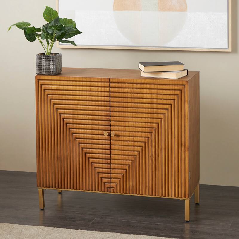 Brown Wood Carved Square Geometric Cabinet with Gold Accents - Brown