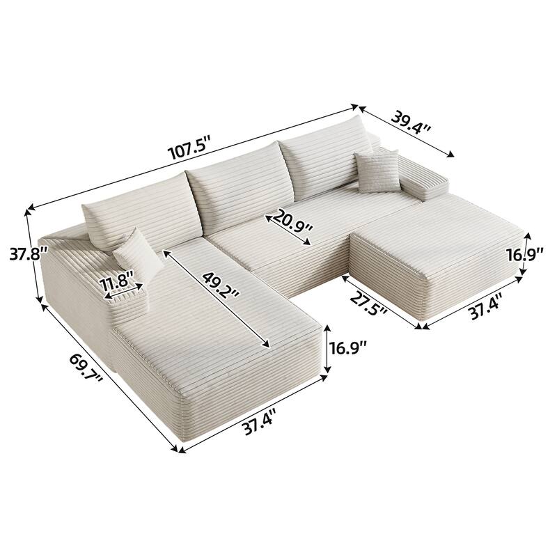 U-Shape Modular Sectional Sofa with Chaise & Ottoman, Corduroy Boneless Cloud Sofa, Corner Upholstered Sleeper Sofa