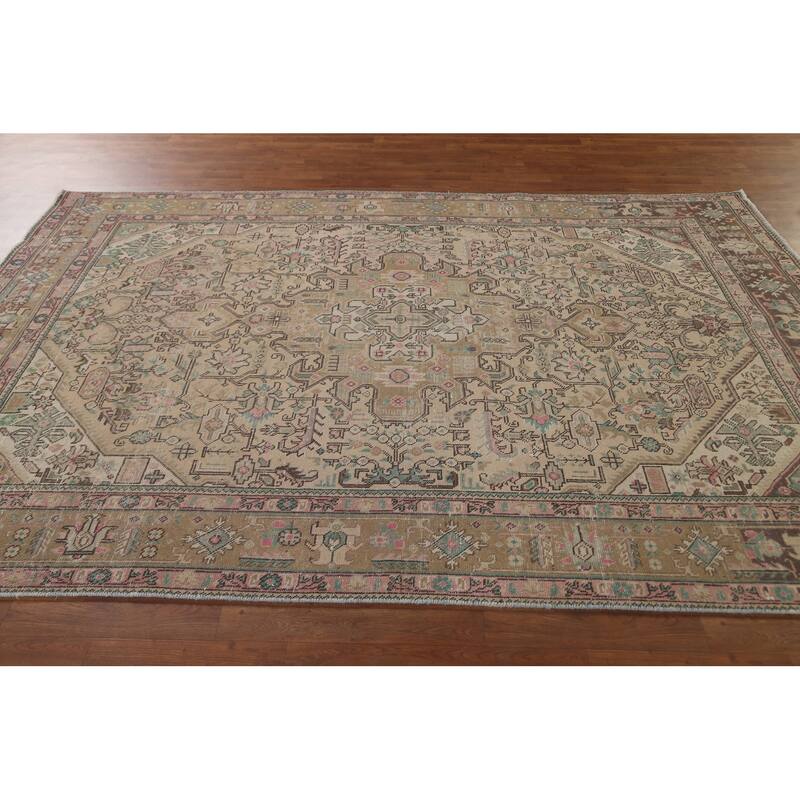 Distressed Tabriz Persian Vintage Rug Hand-Knotted Peach Wool Carpet - 6'7" x 9'6"