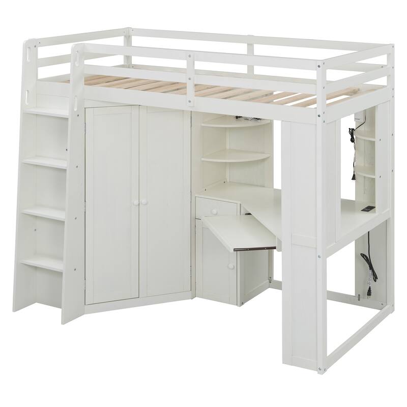 Twin Loft Bed with Integrated Wardrobe Desk Keyboard Tray Charging Station