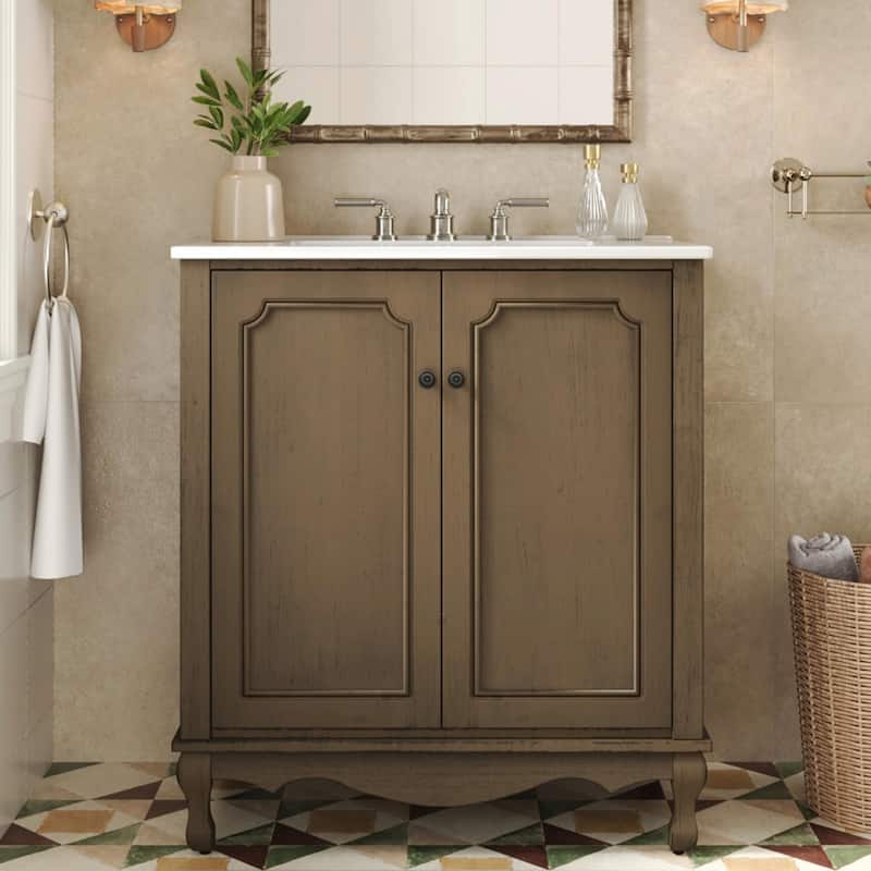 30" Vintage Bathroom Vanity - Rectangle Sink, Antique Handles, Solid Wood Legs, and Adjustable Shelves - Antique Brown