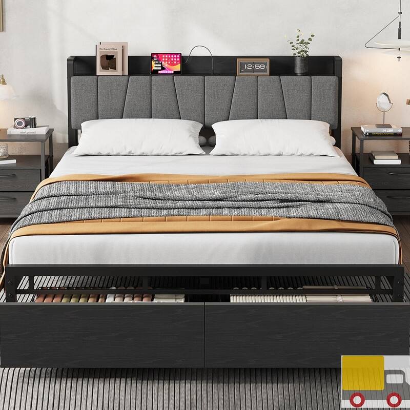 Platform Bed with Charging Station, Storage Drawers - Full - Black