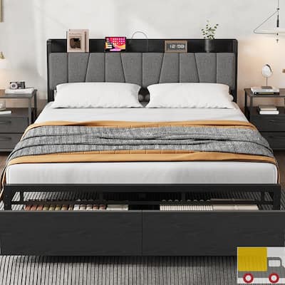 Platform Bed with Charging Station, Storage Drawers