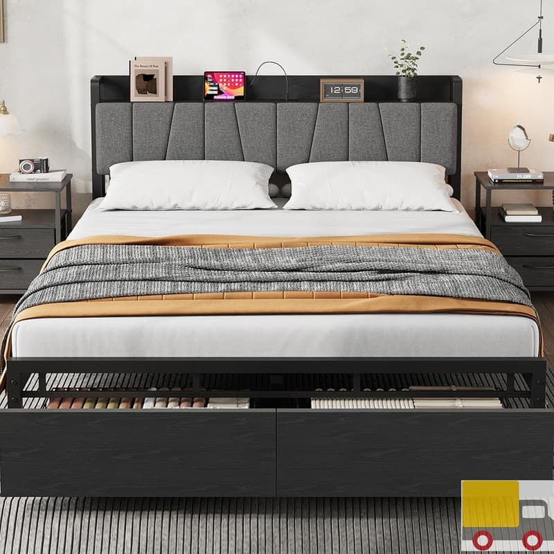 Platform Bed with Charging Station, Storage Drawers