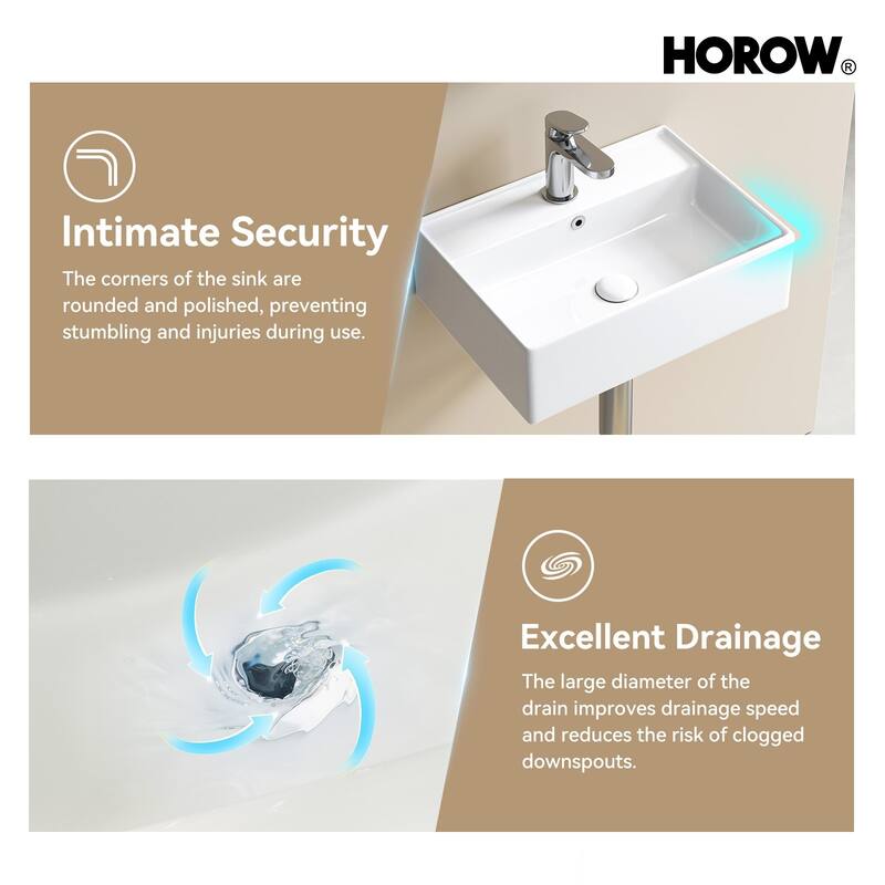 HOROW Rectangular Wall-Mount Install or On Countertop Bathroom Sink 17.72 in. with Single Faucet Hole in White