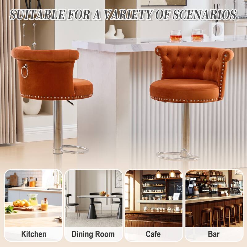 Adjustable Velvet Swivel Bar Stools with Metal Leg (Set of 2)