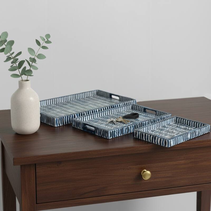 Blue/White 13/18/24 in. Trays with Inlay Pieces (Set of 3) - 24.0"