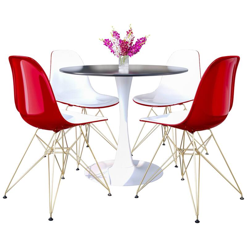 Bristol 5-Piece Dining Set 35" Round Table and 4 Plastic Chairs with Gold Base