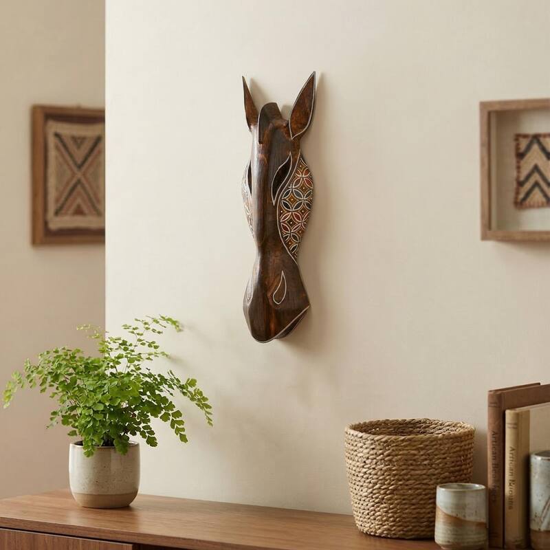Safari Giraffe Wall Art - Hand Carved Wooden Mask with Tribal Dot Motif, Rustic Boho Decor