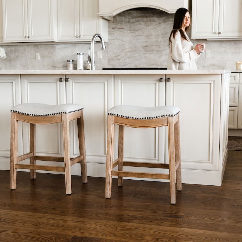 Maven Lane Adrien Backless Saddle Kitchen Counter Stool in Walnut Finish w/ Grey Fabric Upholstery