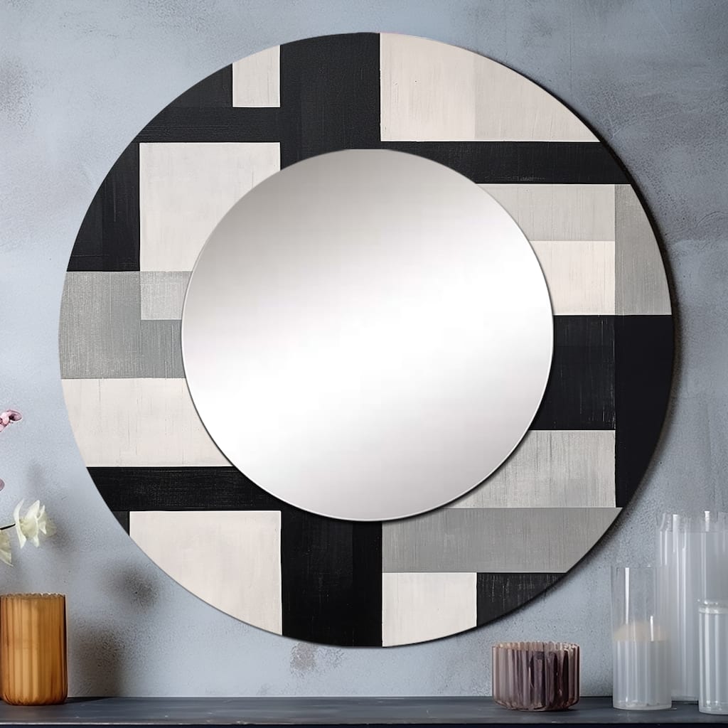Designart "Black And White Cuboids Dream I" Abstract Shapes Round Office Mirror - Black Modern Mirror For Wall Décor