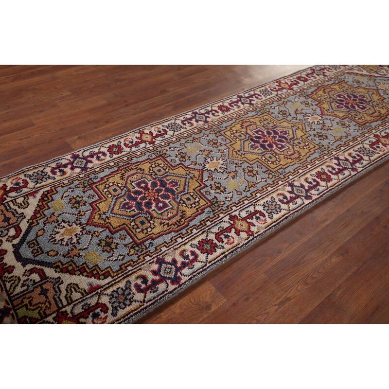 Light Blue Heriz Serapi Oriental Runner Rug Hand-Knotted Wool Carpet - 2'6"x 8'1"