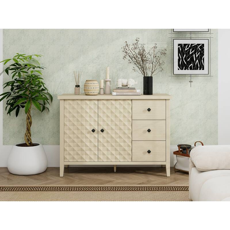 Buffet Cabinet with 2 Embossed Doors, Kitchen Wooden Storage Cabinet, Accent Cabinet with 3 Drawers & Adjustable Shelves