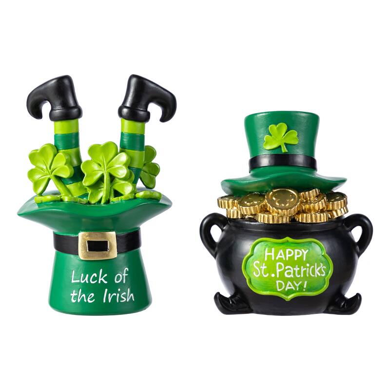 Glitzhome Set of 2 St Patrick's Resin Pot of Gold & Leprechaun Hat Table Decor