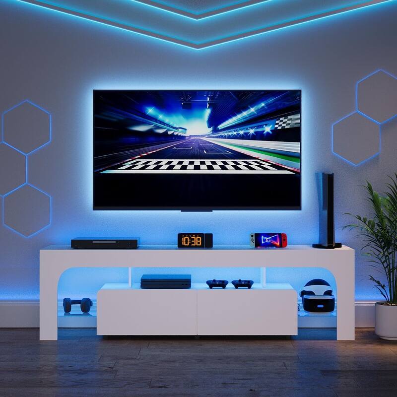 63 Inch TV Stand, Lighting TV Cabinet Entertainment Center, Brown - N/A