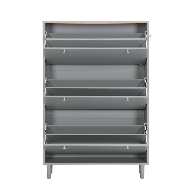 Sleek Narrow Shoe Cabinet with Adjustable Shelves & 3 Flip Drawers, Wood Grain Finish for Entryway Storage