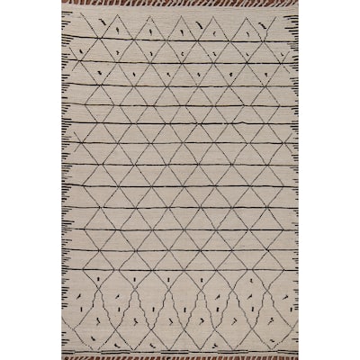 Trellis Moroccan Area Rug Hand-Knotted Oriental Beige Wool Carpet - 6'11"x 10'3"