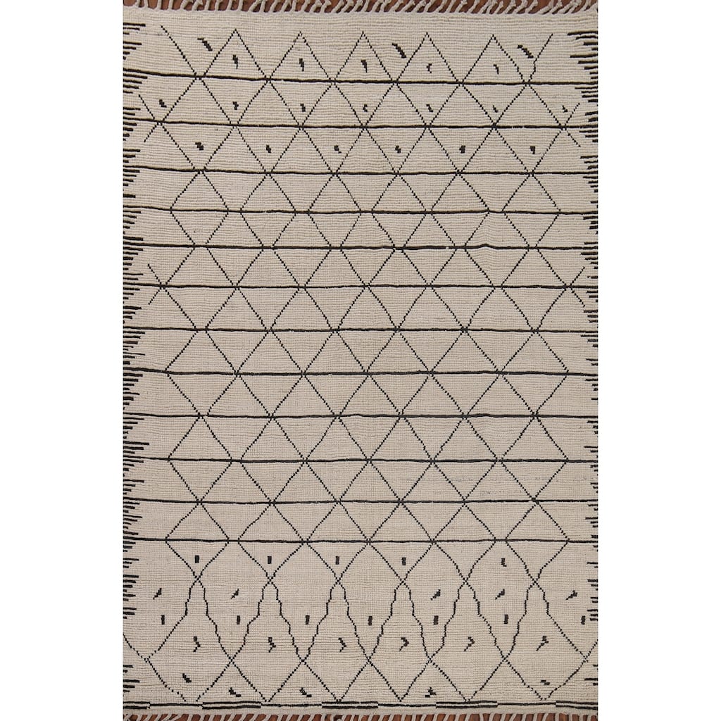 Trellis Moroccan Area Rug Hand-Knotted Oriental Beige Wool Carpet - 6'11"x 10'3"