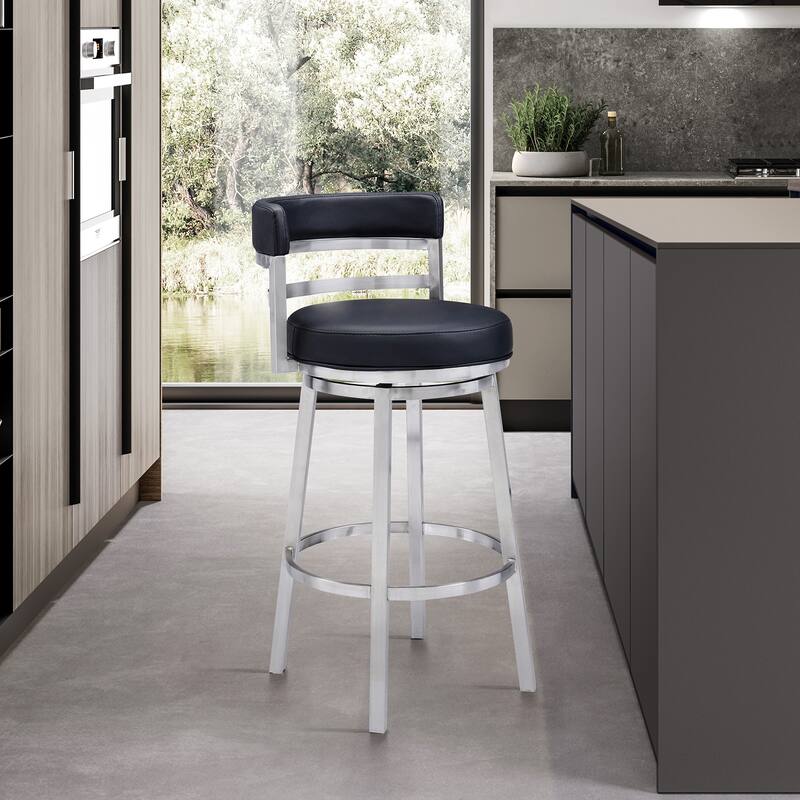 Titana Faux Leather Upholstered Swivel Bar/Counter Stool in Brushed Stainless Steel - Black - Counter Height