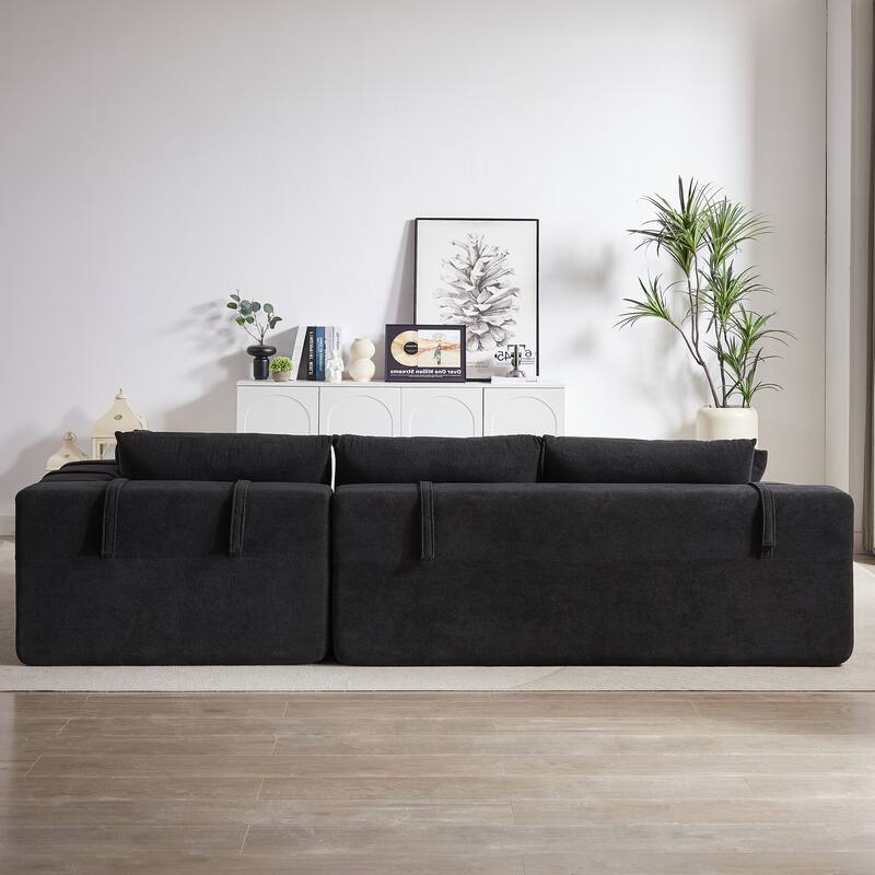 Chenille Upholstered Sectional Daybed Modular Sleeper Couch L Shape Sofa with Chaise Lounge & 6 Pillows for Living Room Loveseat