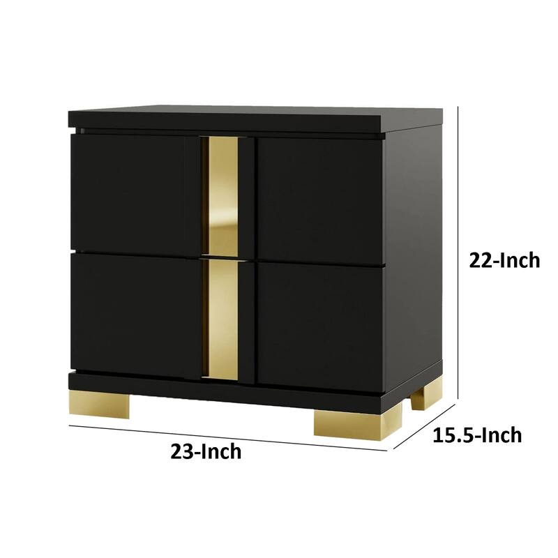Yoki Nightstand, 2 Drawers, Modern Glam Black and Gold, 23 Inch