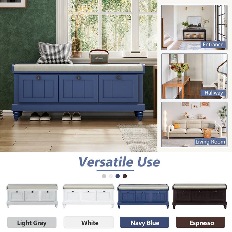 Classic Storage Bench with Cushioned Seat and Drawers