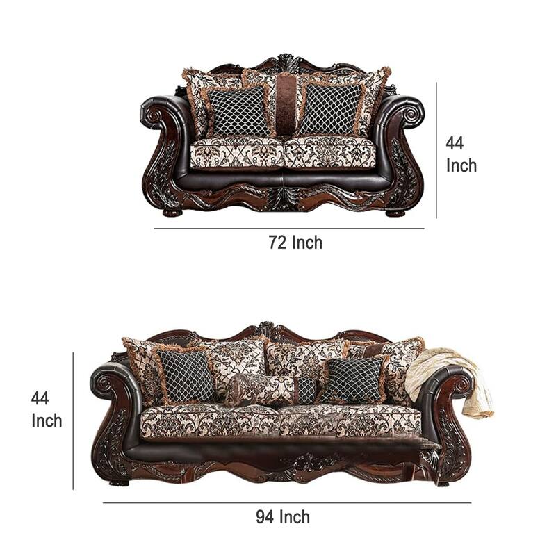 Ammy 2pc Sofa Loveseat Set, Dark Brown Faux Leather, 5 Accent Pillows