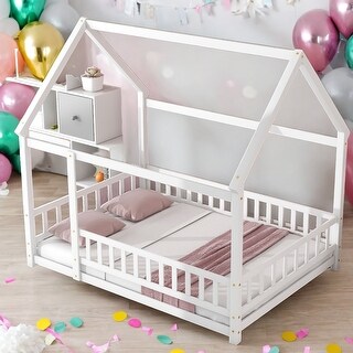 Full Size Floor Wooden Bed House Bed with House Roof Frame and Fence Guardrails