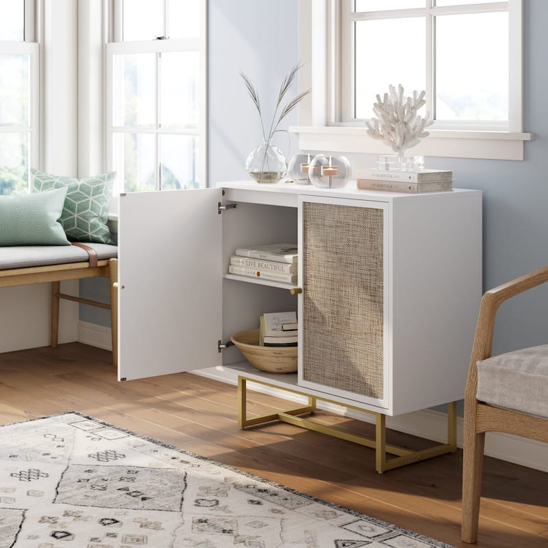 Nathan James Kova Natural Cane Rattan Doors Accent Cabinet with Metal Base and Adjustable Shelf