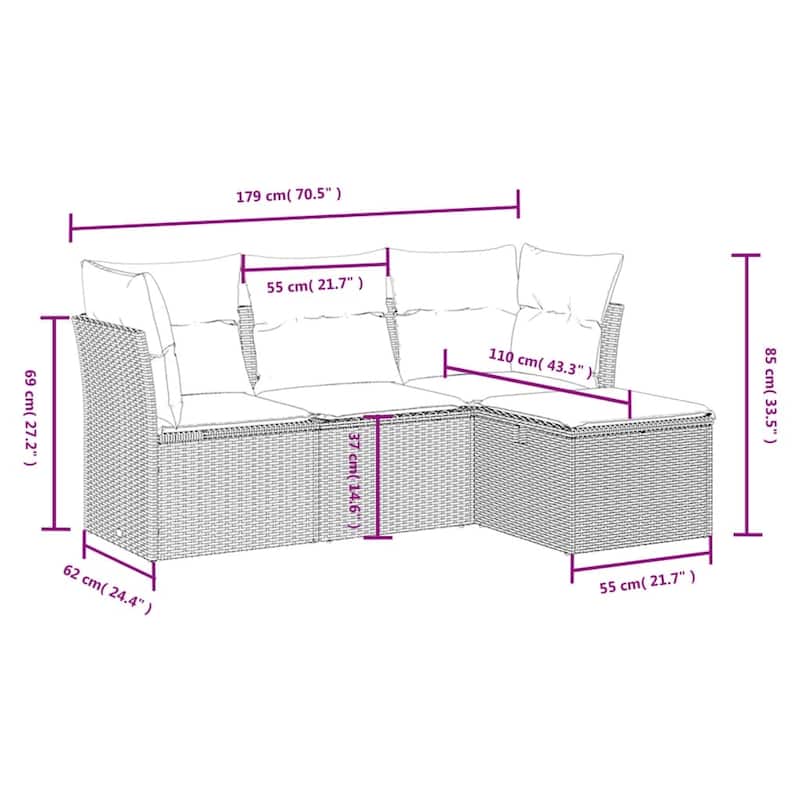 vidaXL Patio Sofa Set with Cushions Outdoor Furniture 4 Piece Poly Rattan - 24.4" x 24.4" x 27.2"