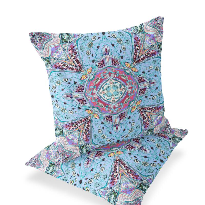 HomeRoots Set of Two 16" X 16" Blue and Green Blown Seam Floral Indoor Outdoor Throw Pillow - 16.00' X '16.00' X '5.00