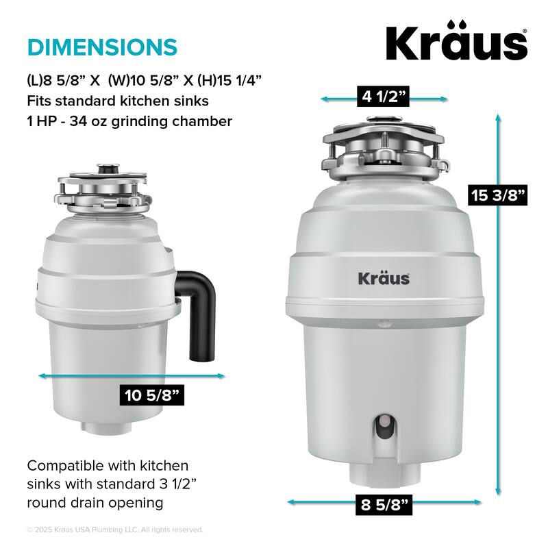 KRAUS WasteGuard Continuous Feed Garbage Disposal for Kitchen Sinks