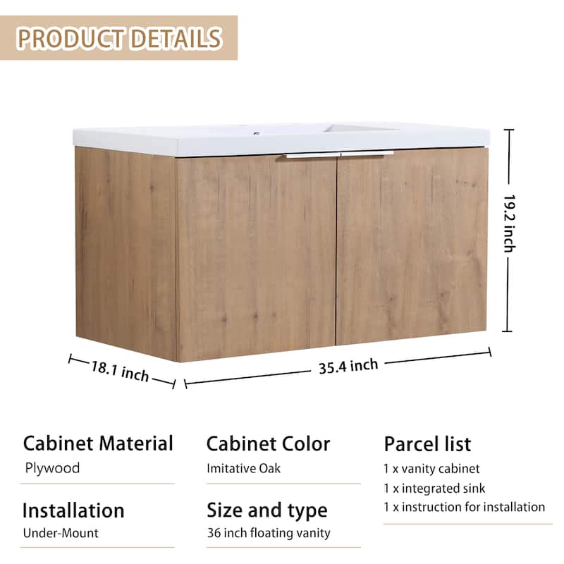 Beingnext 24"/30"/36" Bathroom Vanity with Sink, Floating Bathroom Vanity with 2 Soft Close Doors