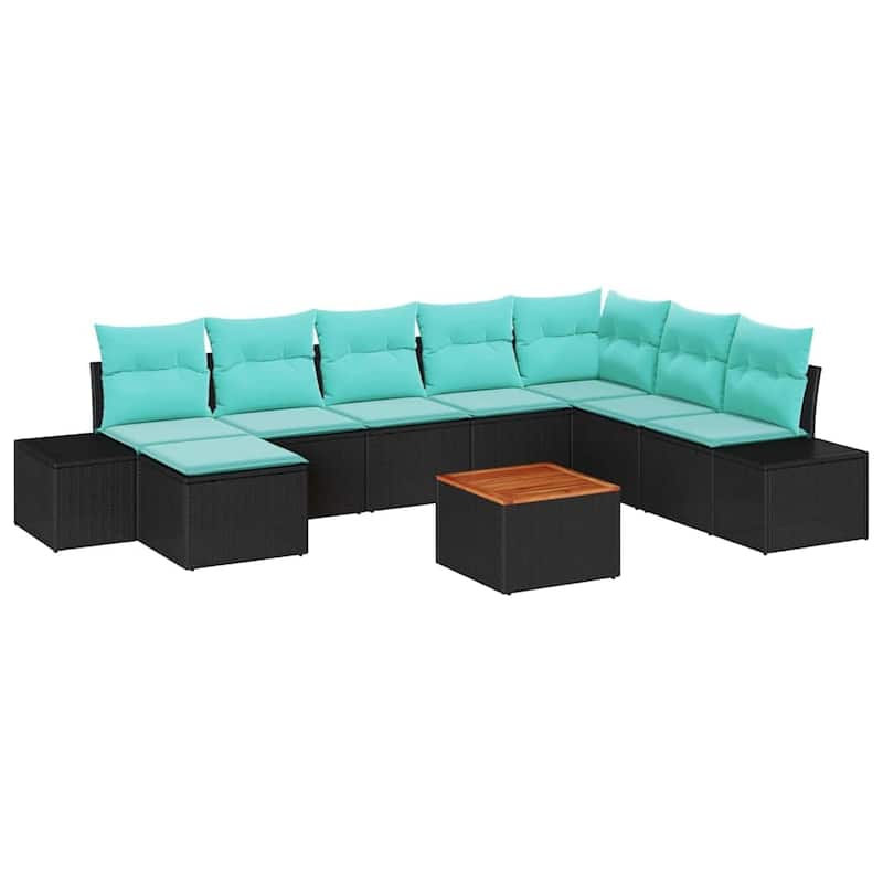 vidaXL 9 Piece Garden Sofa Set with Cushions Black Poly Rattan Acacia - 125.6×82.3×27.2