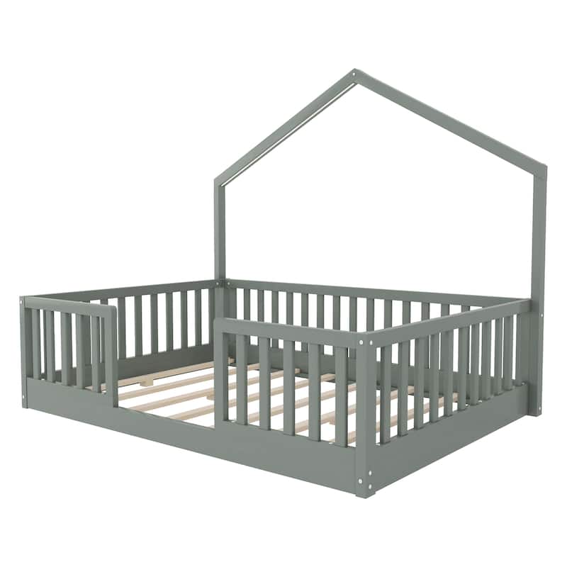 Full Floor Bed with High Rails, Wooden Montessori Bed with Light for Kids, Boys and Girls
