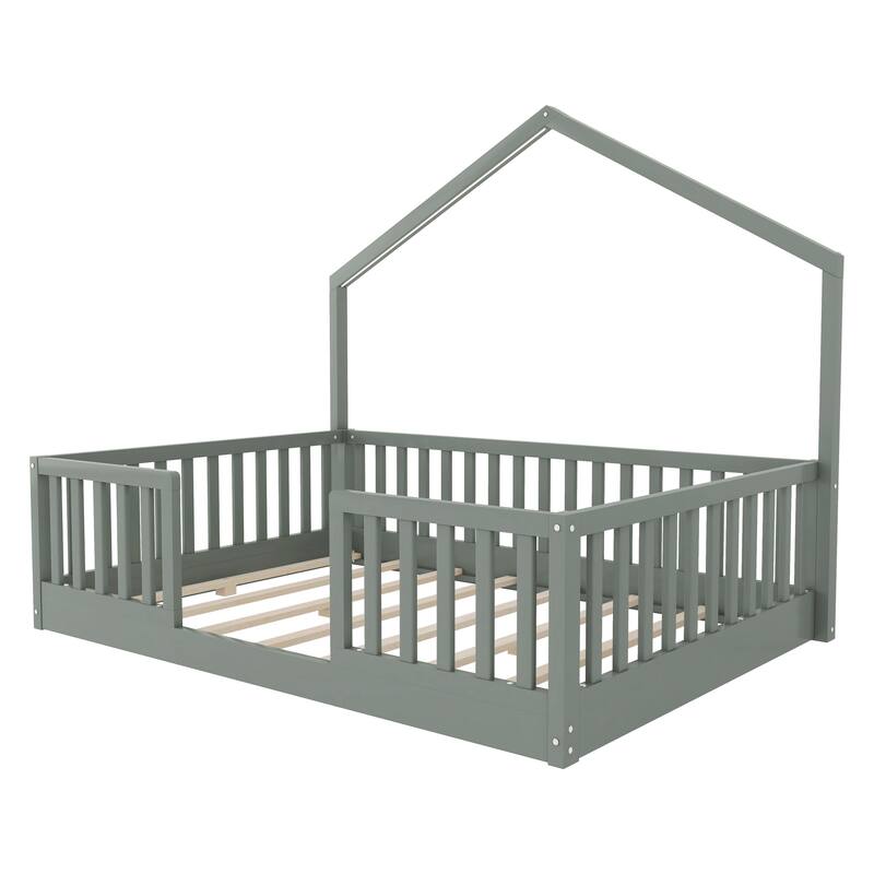 Wooden Floor Bed House-shaped Frame, Montessori Floor Bed with Light and High Rails, Wood Slat Support Floor Daybed