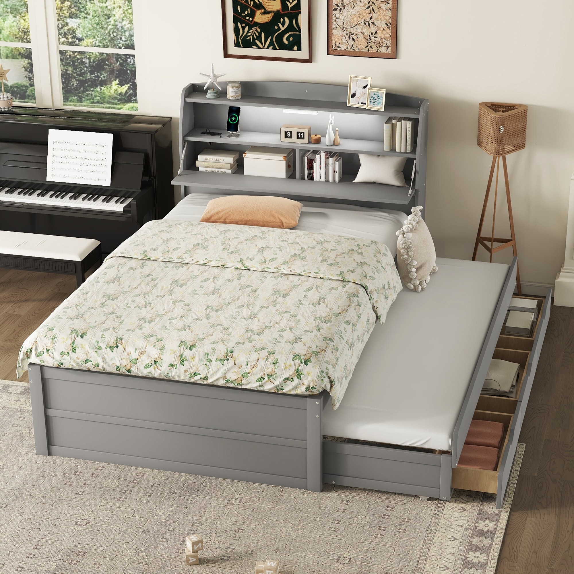 Wooden LED Platform Bed with Trundle and Storage Headboard