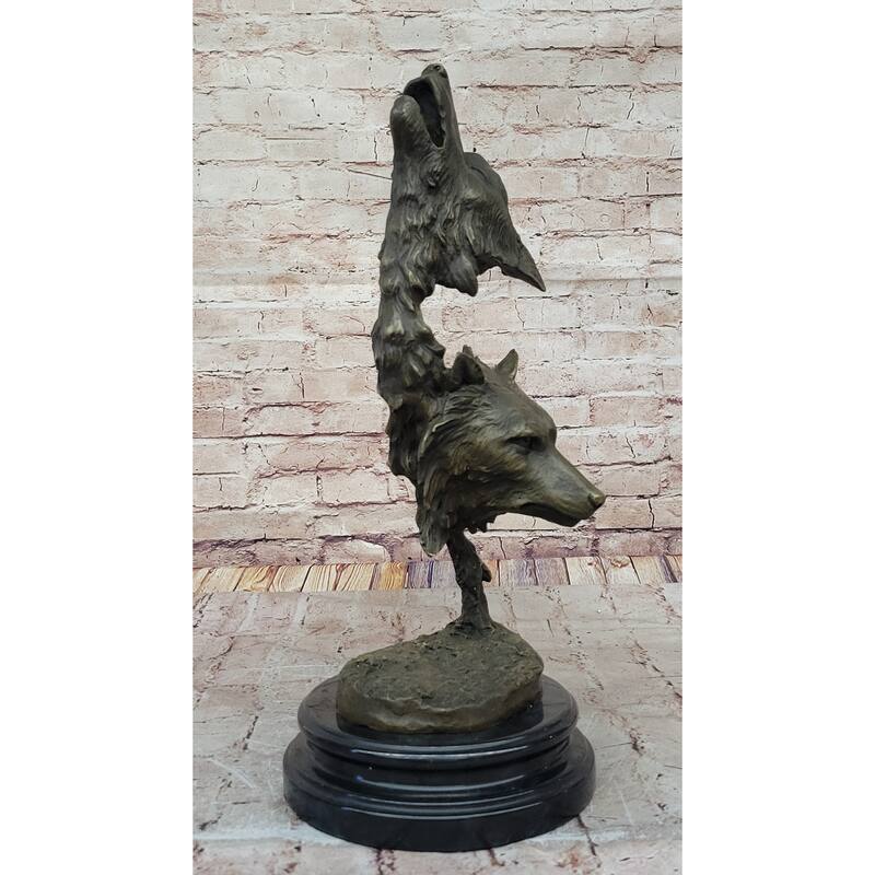 Howling Wolves Bronze Sculpture – Striking Dual Imitative Wolf Heads On Marble Base