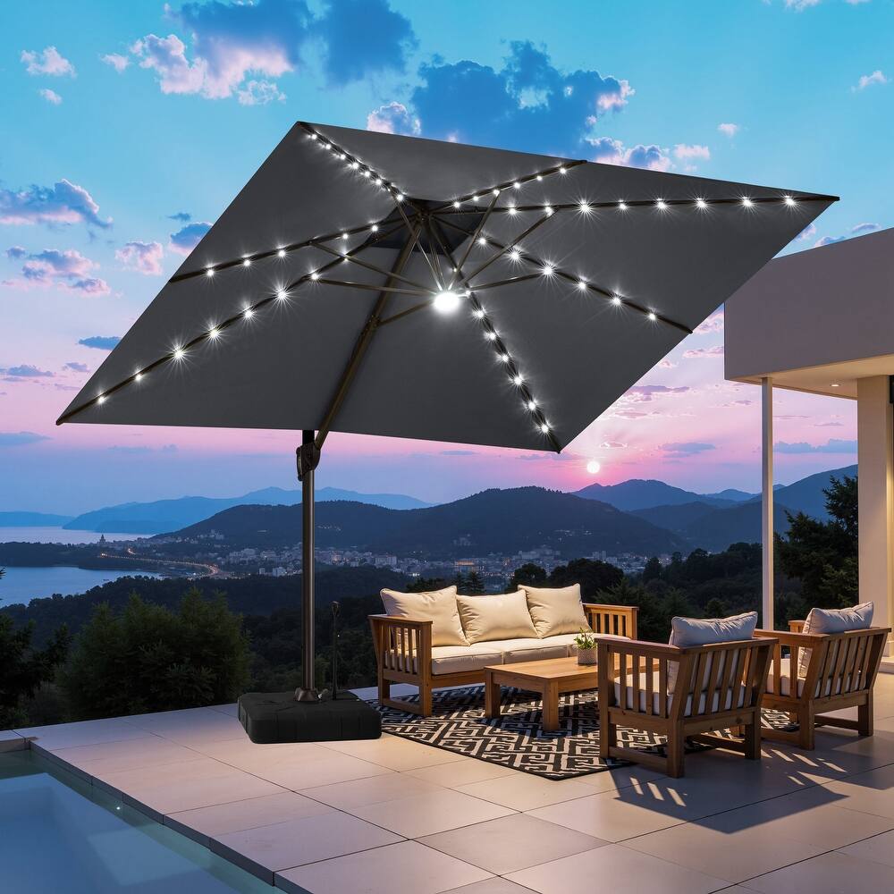 11 FT Outdoor Solar-Powered LED Light Aluminum Patio Cantilever Umbrella with Base