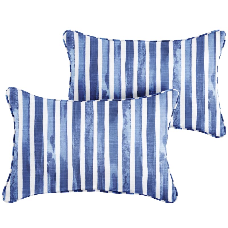 Sorra Home Blue and White Stripe Indoor/Outdoor Corded Lumbar Pillows (Set of 2)
