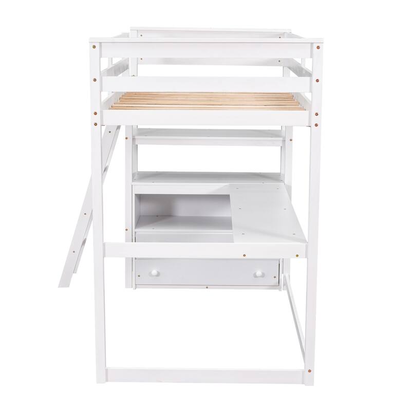 Twin Loft Bed with Desk, Shelves, and Drawers, White