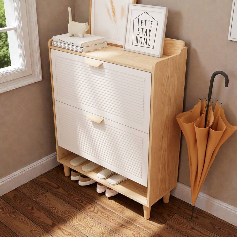31.5 Inch Nordic Shoe Cabinet with 2 Flip Drawers, Narrow Freestanding Shoe Storage Organizer with Wood Legs