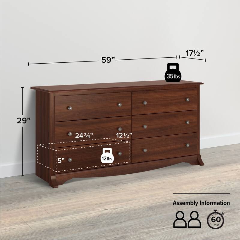 Prepac Monterey 6 Drawer Double Dresser for Bedroom, Wide Chest of Drawers, Traditional Bedroom Furniture